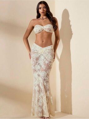 White Lace Bandeau Bikini Top and Sheer Skirt Set